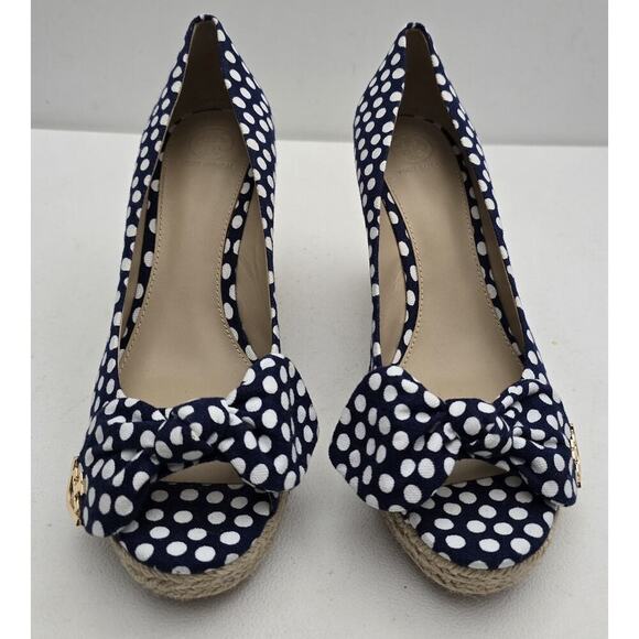Tory Burch Dory Navy/White Polka Dot Wedge Espadrille Women's Bow Peep Toe Sz 9 - Picture 2 of 10